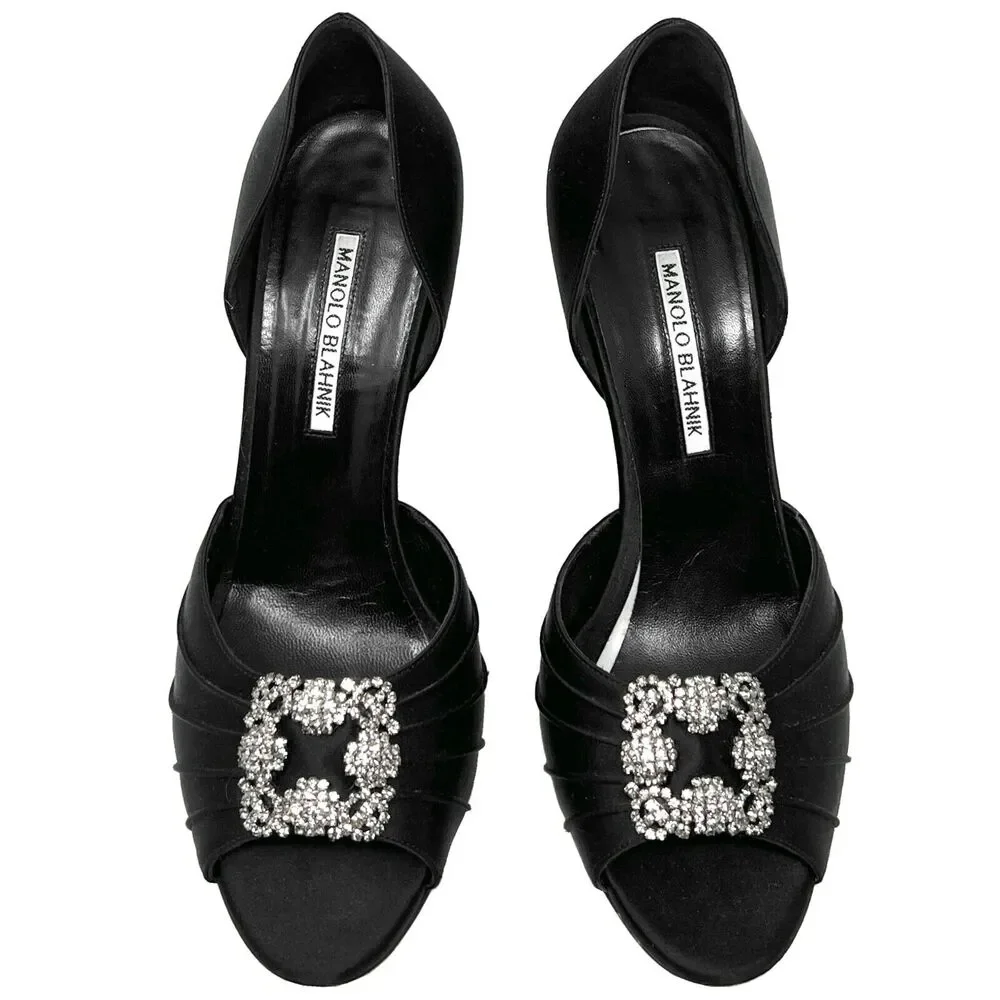 Manolo Blahnik Cassiado Satin Peep Toe Pumps - Size‎ 38.5
